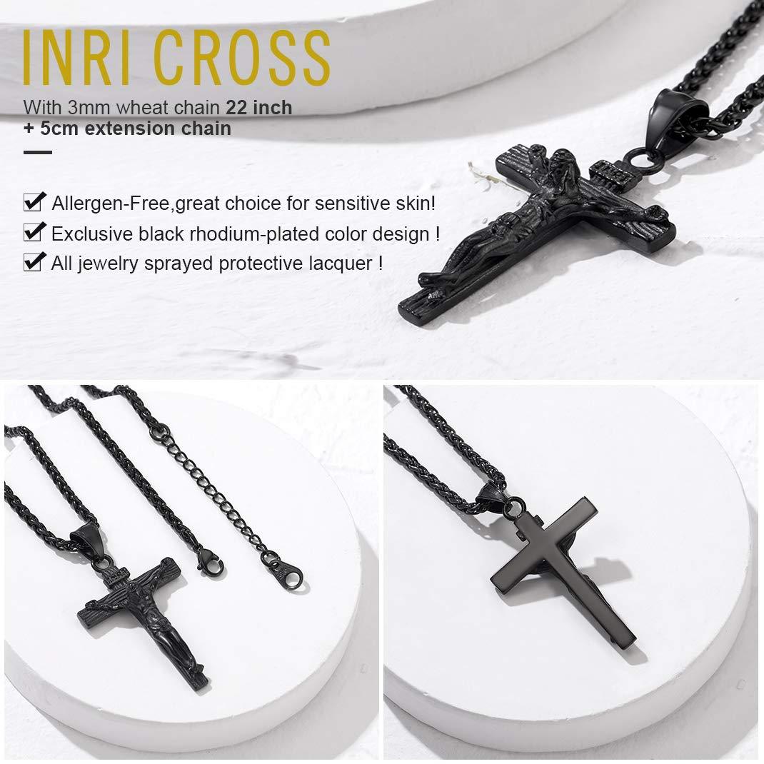 KeyStyle INRI Crucifix Cross Necklace for Men Stainless Steel Cross Pendant Necklace Jesus Christian Religious Jewelry Valentines Gift for Husband