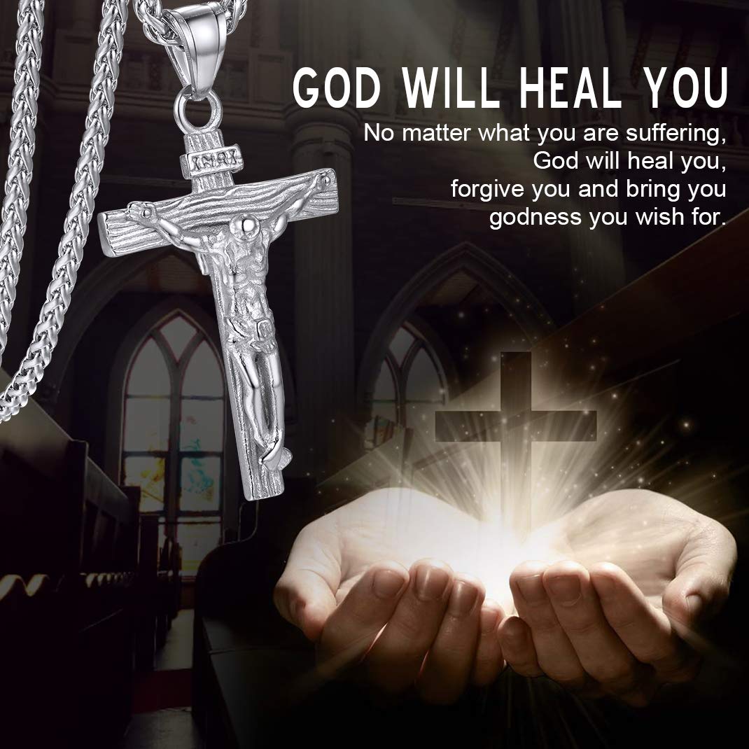 KeyStyle INRI Crucifix Cross Necklace for Men Stainless Steel Cross Pendant Necklace Jesus Christian Religious Jewelry Valentines Gift for Husband