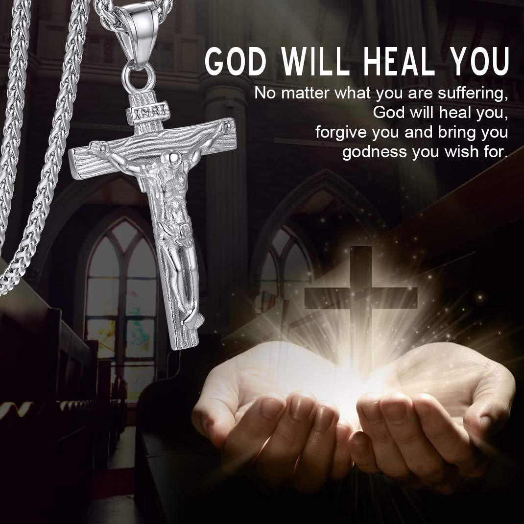 KeyStyle INRI Crucifix Cross Necklace for Men Stainless Steel Cross Pendant Necklace Jesus Christian Religious Jewelry Valentines Gift for Husband