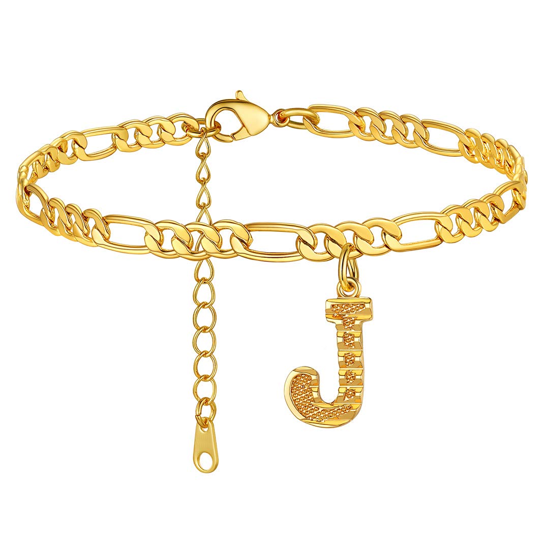 KeyStyle Initial Anklets for Women, Gold PLated Letter Alphabet Anklets Bracelet, Adjustable Figaro Link Chain Anklet Jewelry Birthday Anniversary Gift