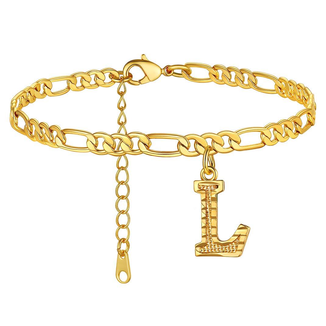 KeyStyle Initial Anklets for Women, Gold PLated Letter Alphabet Anklets Bracelet, Adjustable Figaro Link Chain Anklet Jewelry Birthday Anniversary Gift