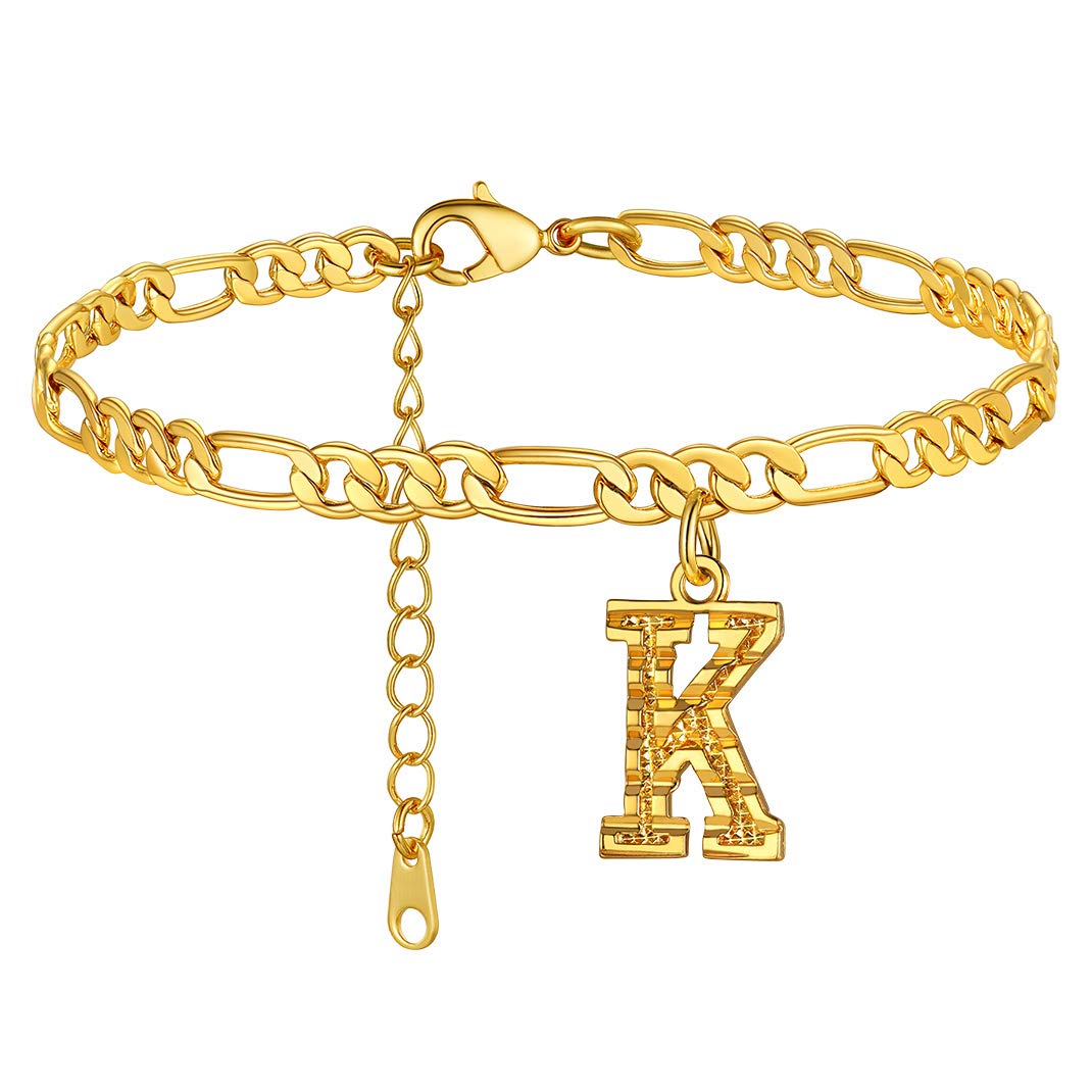 KeyStyle Initial Anklets for Women, Gold PLated Letter Alphabet Anklets Bracelet, Adjustable Figaro Link Chain Anklet Jewelry Birthday Anniversary Gift