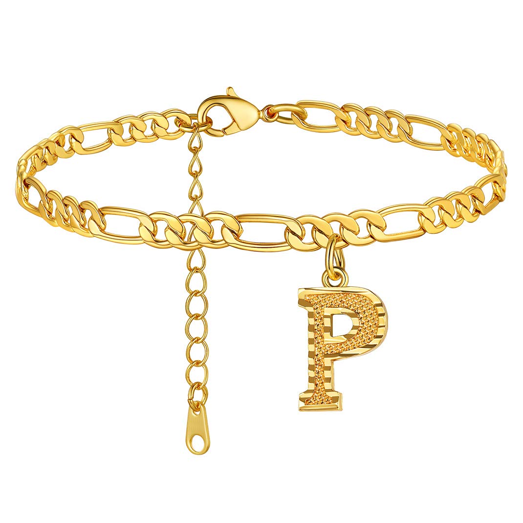KeyStyle Initial Anklets for Women, Gold PLated Letter Alphabet Anklets Bracelet, Adjustable Figaro Link Chain Anklet Jewelry Birthday Anniversary Gift