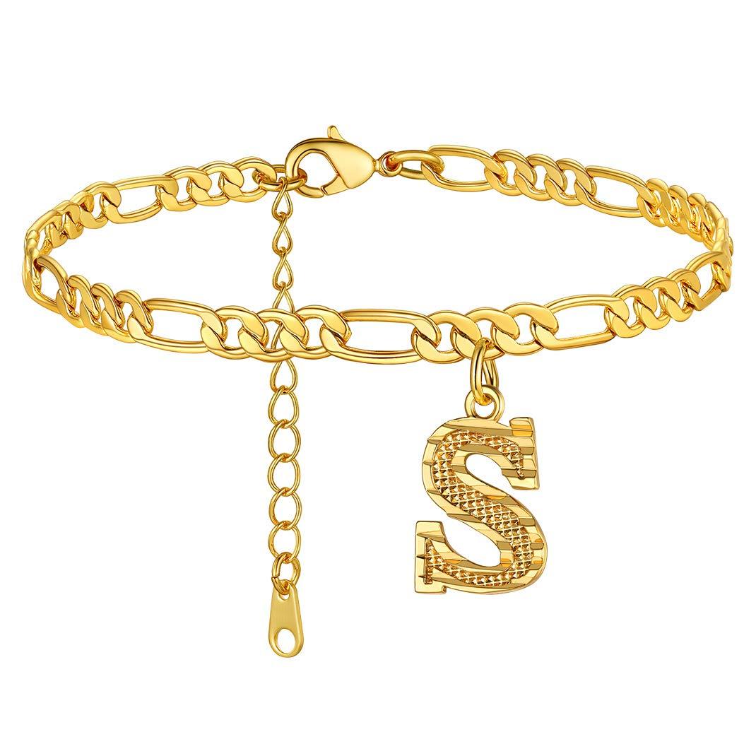 KeyStyle Initial Anklets for Women, Gold PLated Letter Alphabet Anklets Bracelet, Adjustable Figaro Link Chain Anklet Jewelry Birthday Anniversary Gift