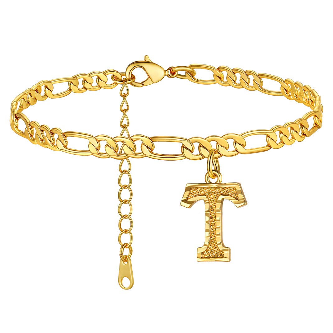 KeyStyle Initial Anklets for Women, Gold PLated Letter Alphabet Anklets Bracelet, Adjustable Figaro Link Chain Anklet Jewelry Birthday Anniversary Gift