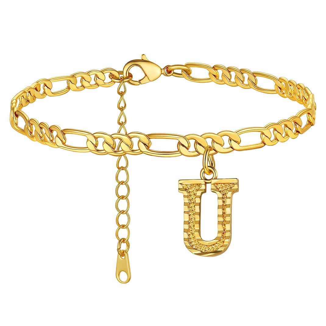 KeyStyle Initial Anklets for Women, Gold PLated Letter Alphabet Anklets Bracelet, Adjustable Figaro Link Chain Anklet Jewelry Birthday Anniversary Gift
