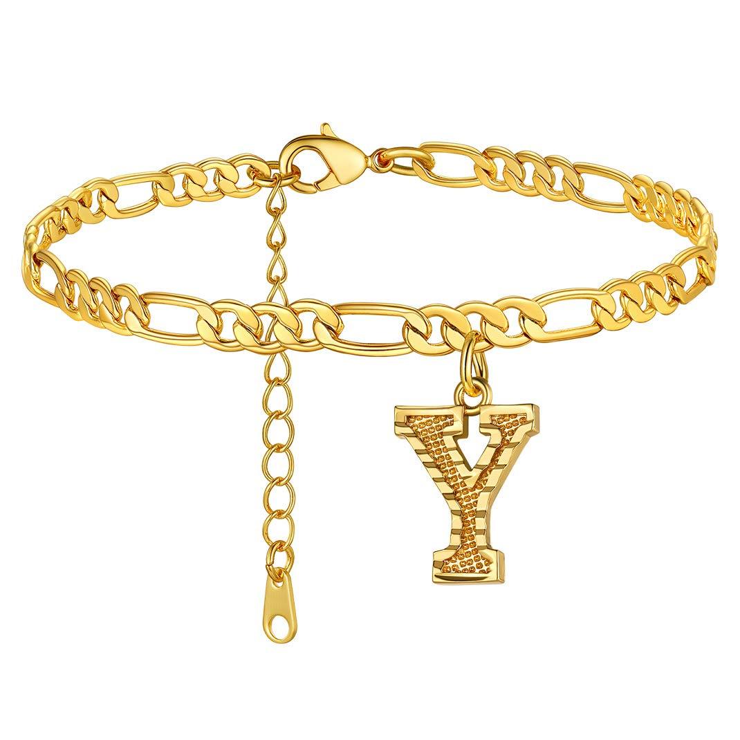 KeyStyle Initial Anklets for Women, Gold PLated Letter Alphabet Anklets Bracelet, Adjustable Figaro Link Chain Anklet Jewelry Birthday Anniversary Gift