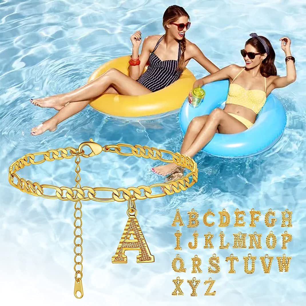 KeyStyle Initial Anklets for Women, Gold PLated Letter Alphabet Anklets Bracelet, Adjustable Figaro Link Chain Anklet Jewelry Birthday Anniversary Gift