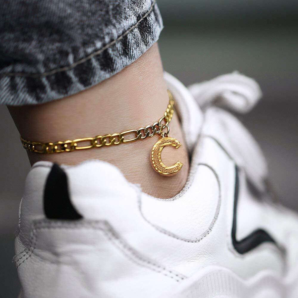 KeyStyle Initial Anklets for Women, Gold PLated Letter Alphabet Anklets Bracelet, Adjustable Figaro Link Chain Anklet Jewelry Birthday Anniversary Gift