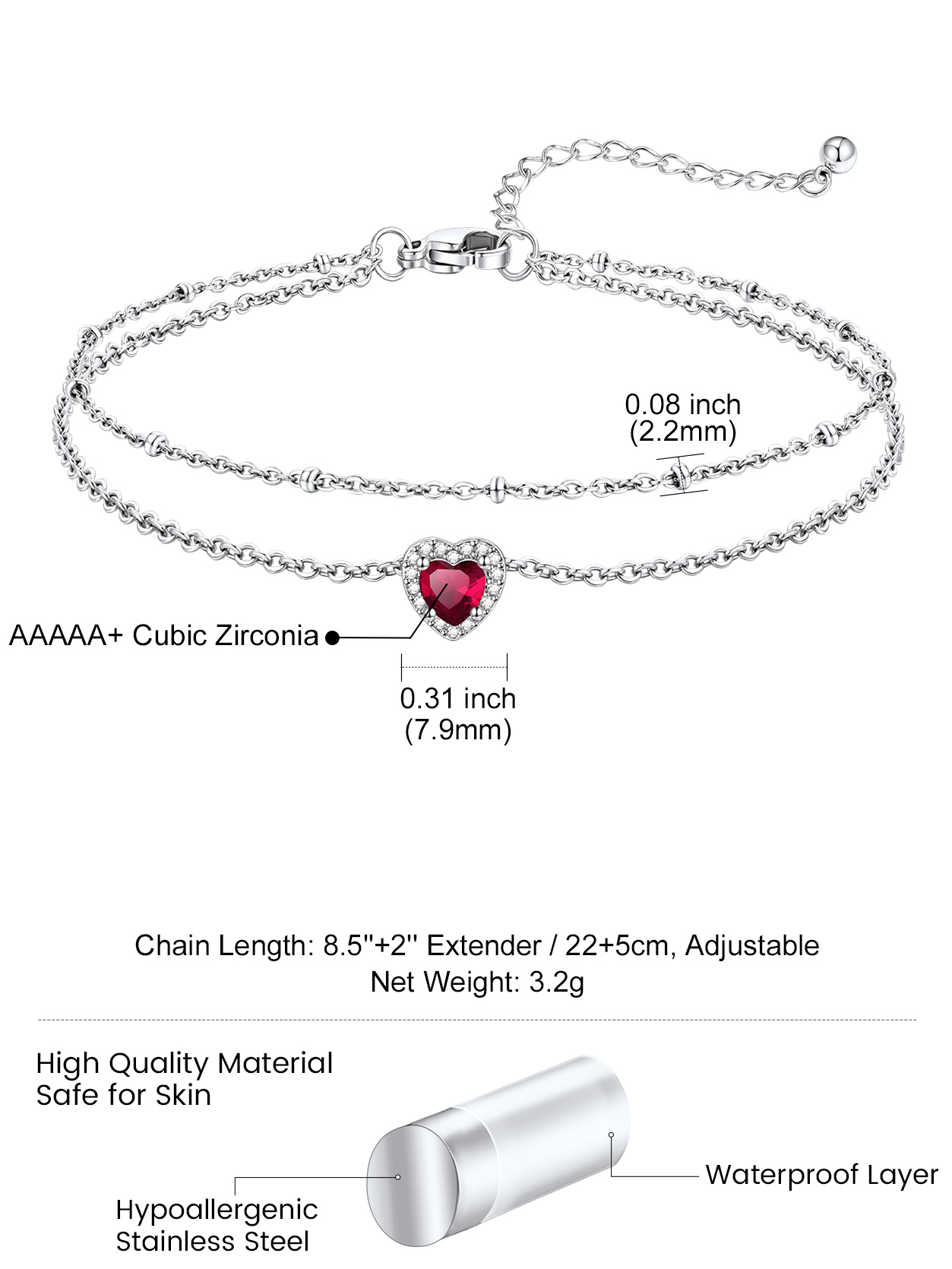 KeyStyle Heart Birthstone Anklets for Women Stainless Steel Adjustable Anklets Bracelets for Summer Beach Pool Parties