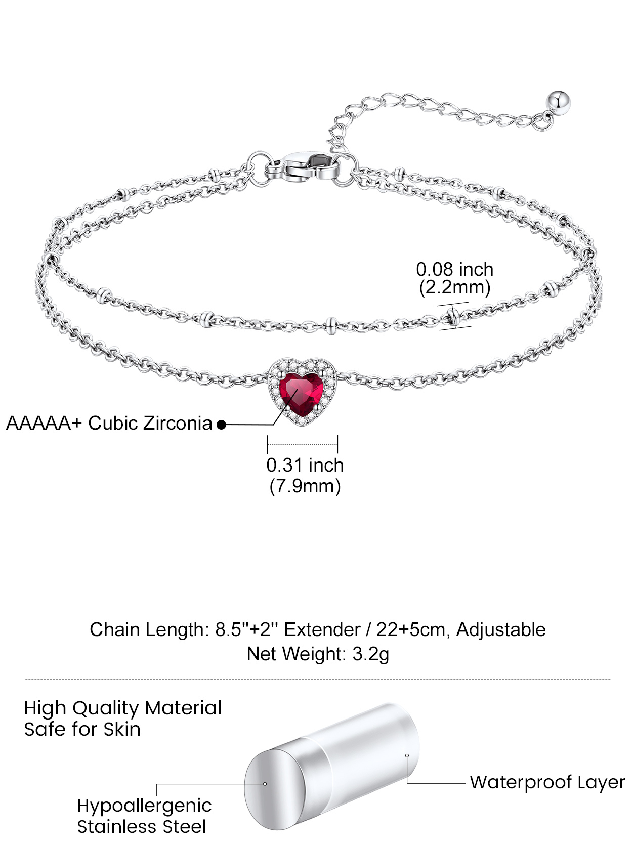 KeyStyle Heart Birthstone Anklets for Women Stainless Steel Adjustable Anklets Bracelets for Summer Beach Pool Parties