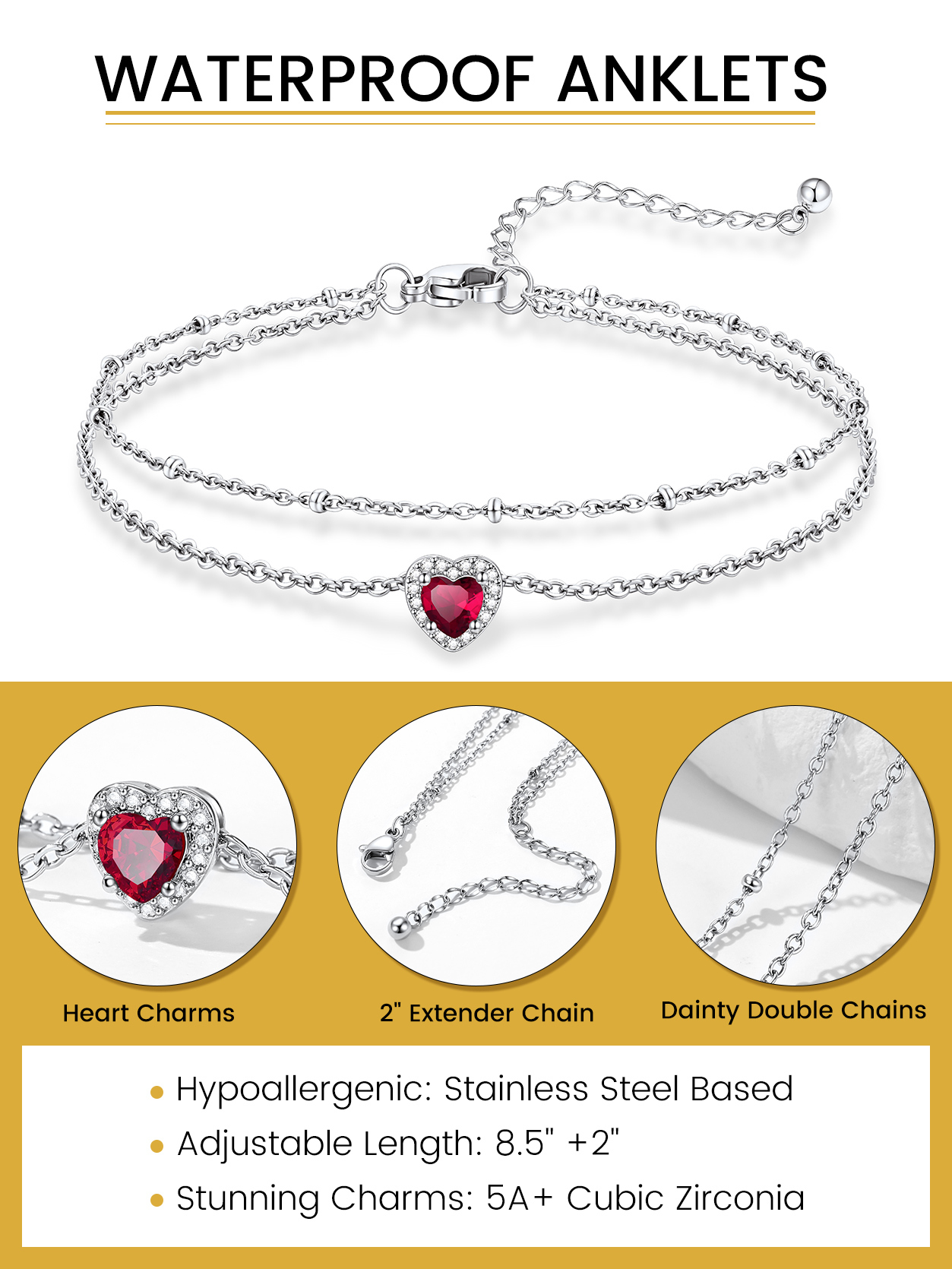 KeyStyle Heart Birthstone Anklets for Women Stainless Steel Adjustable Anklets Bracelets for Summer Beach Pool Parties