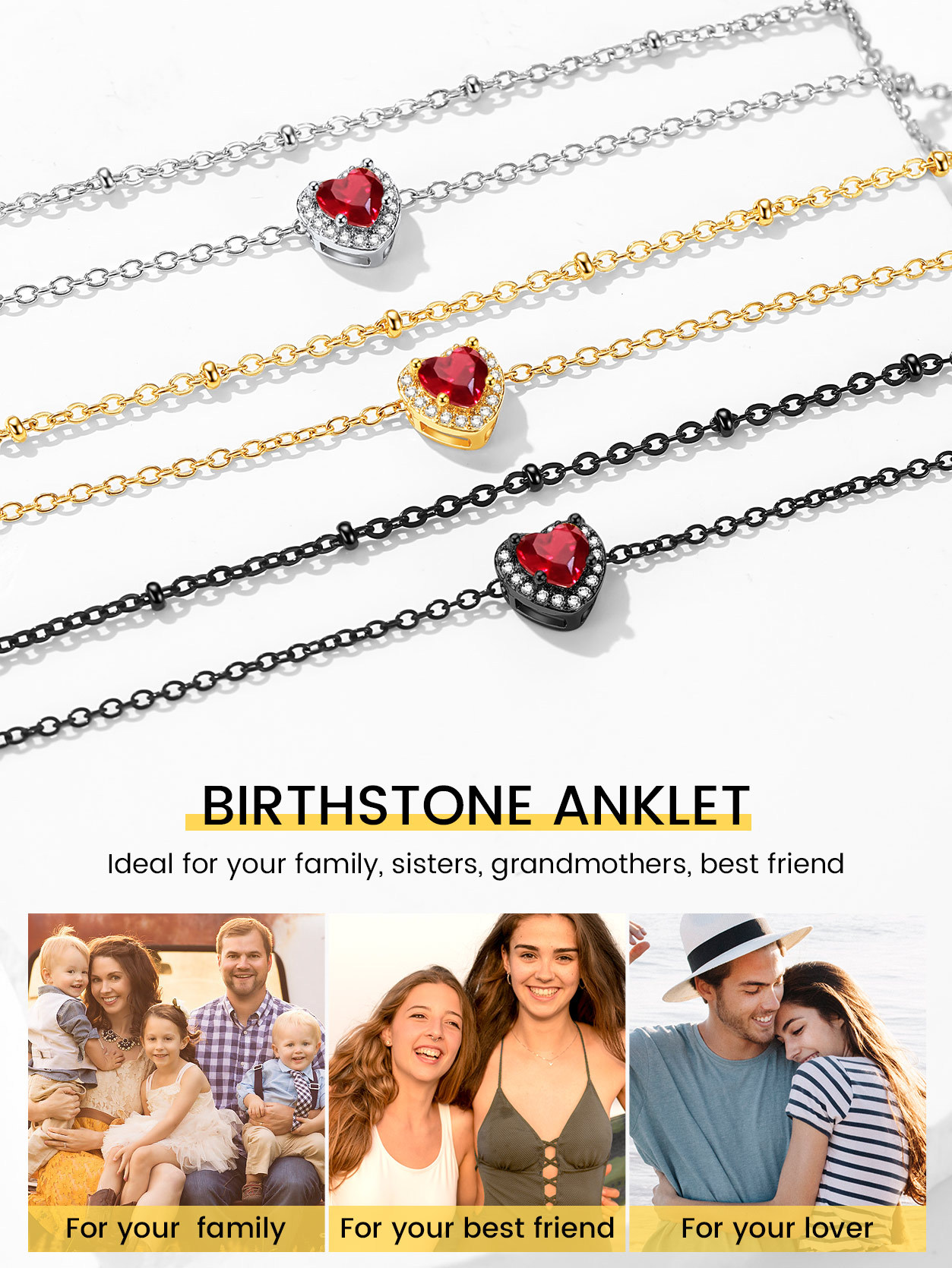 KeyStyle Heart Birthstone Anklets for Women Stainless Steel Adjustable Anklets Bracelets for Summer Beach Pool Parties