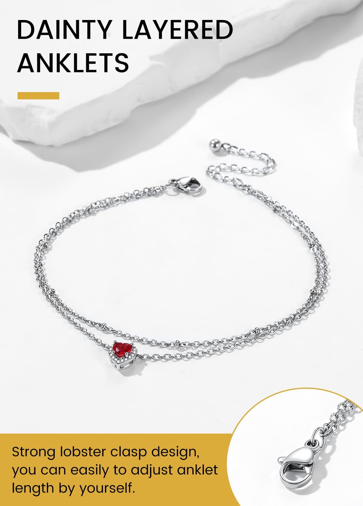 KeyStyle Heart Birthstone Anklets for Women Stainless Steel Adjustable Anklets Bracelets for Summer Beach Pool Parties