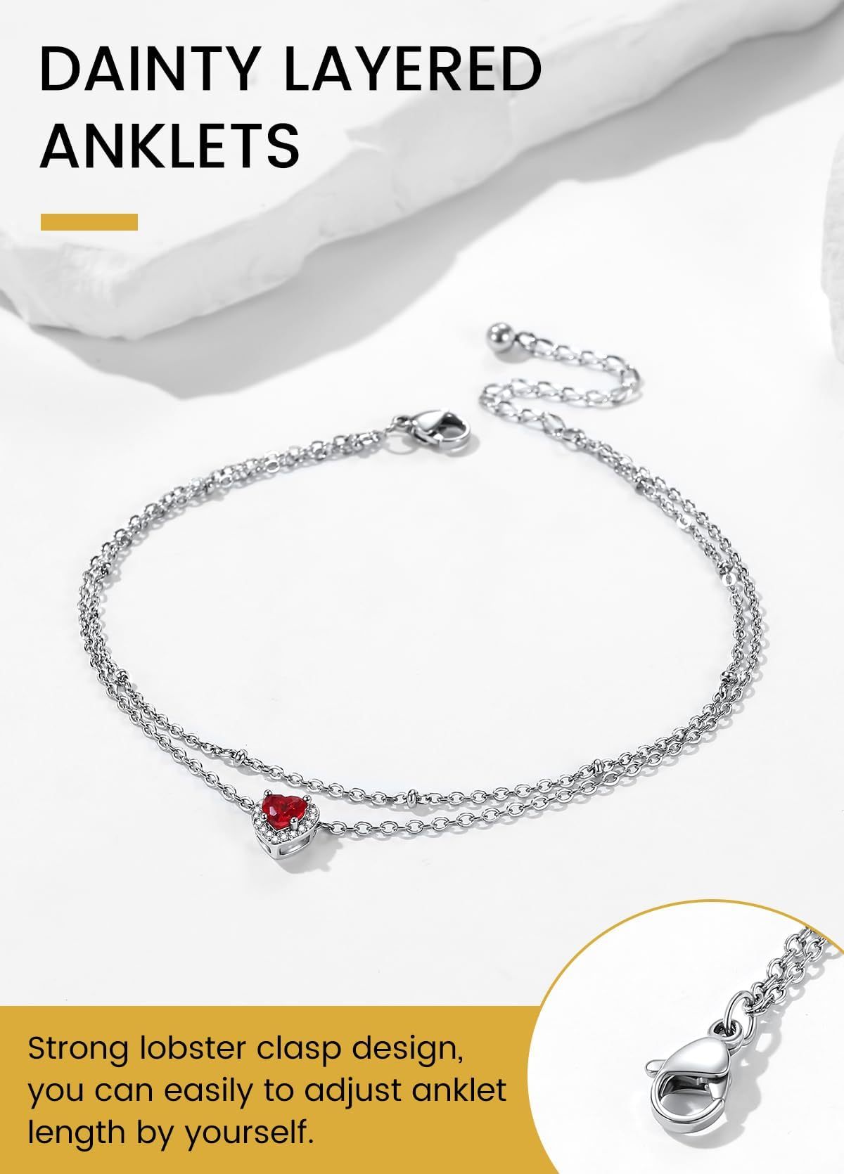 KeyStyle Heart Birthstone Anklets for Women Stainless Steel Adjustable Anklets Bracelets for Summer Beach Pool Parties