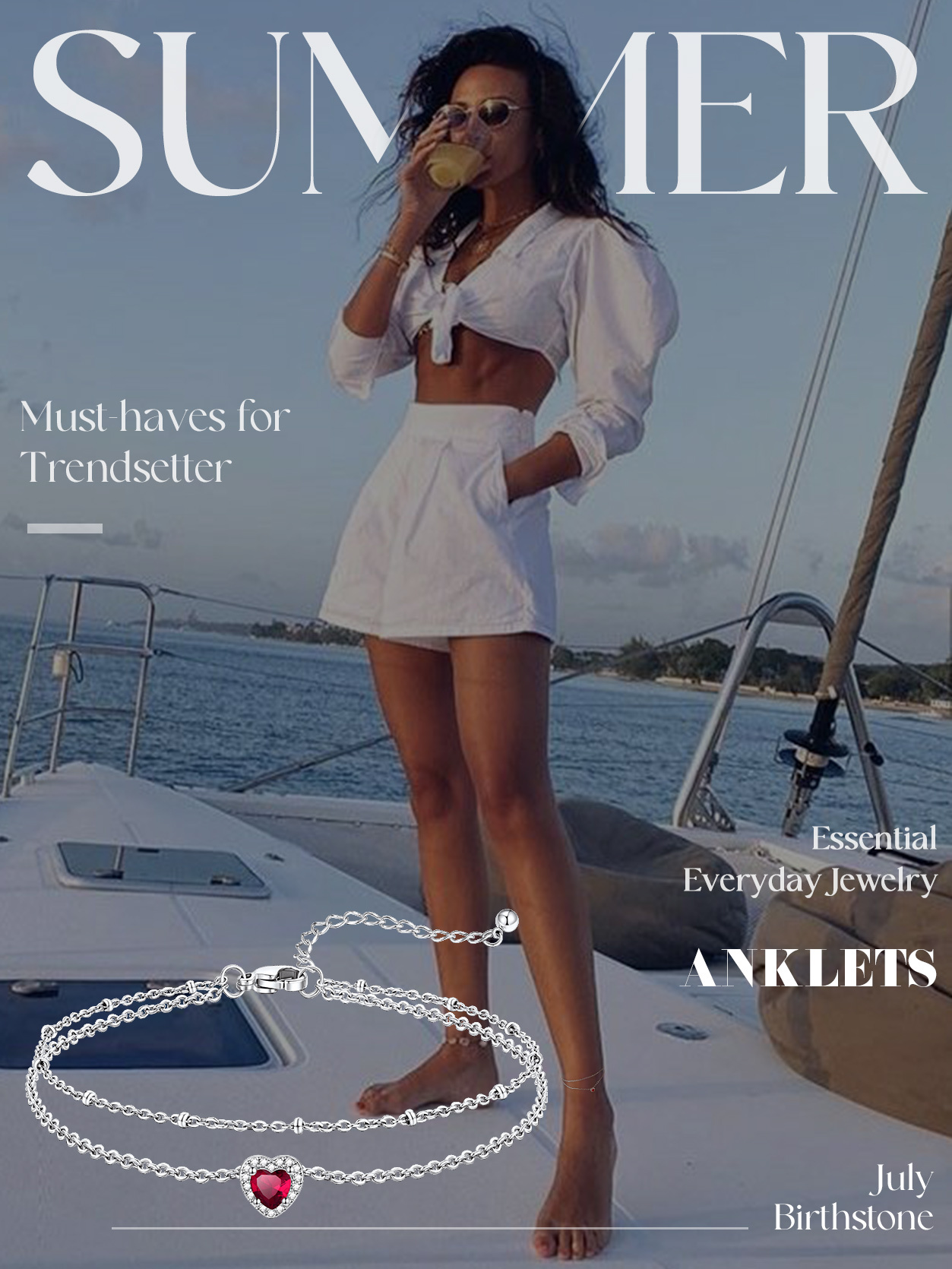 KeyStyle Heart Birthstone Anklets for Women Stainless Steel Adjustable Anklets Bracelets for Summer Beach Pool Parties