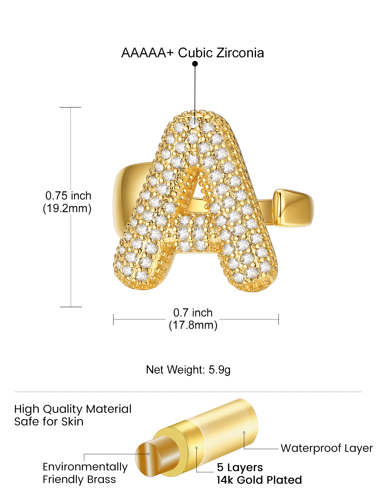 KeyStyle Initial Rings for Women, 14K Gold Plated Bubble Alphabet Letter Rings, Adjustable Statement Ring Personalized Jewelry Birthday Valentine Gift for Wife