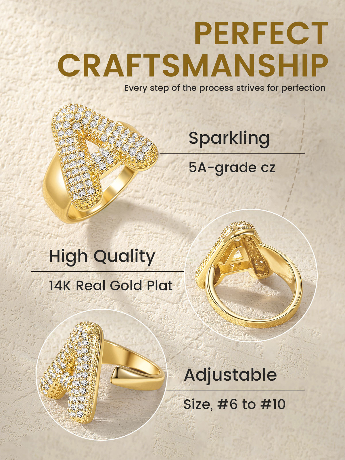 KeyStyle Initial Rings for Women, 14K Gold Plated Bubble Alphabet Letter Rings, Adjustable Statement Ring Personalized Jewelry Birthday Valentine Gift for Wife