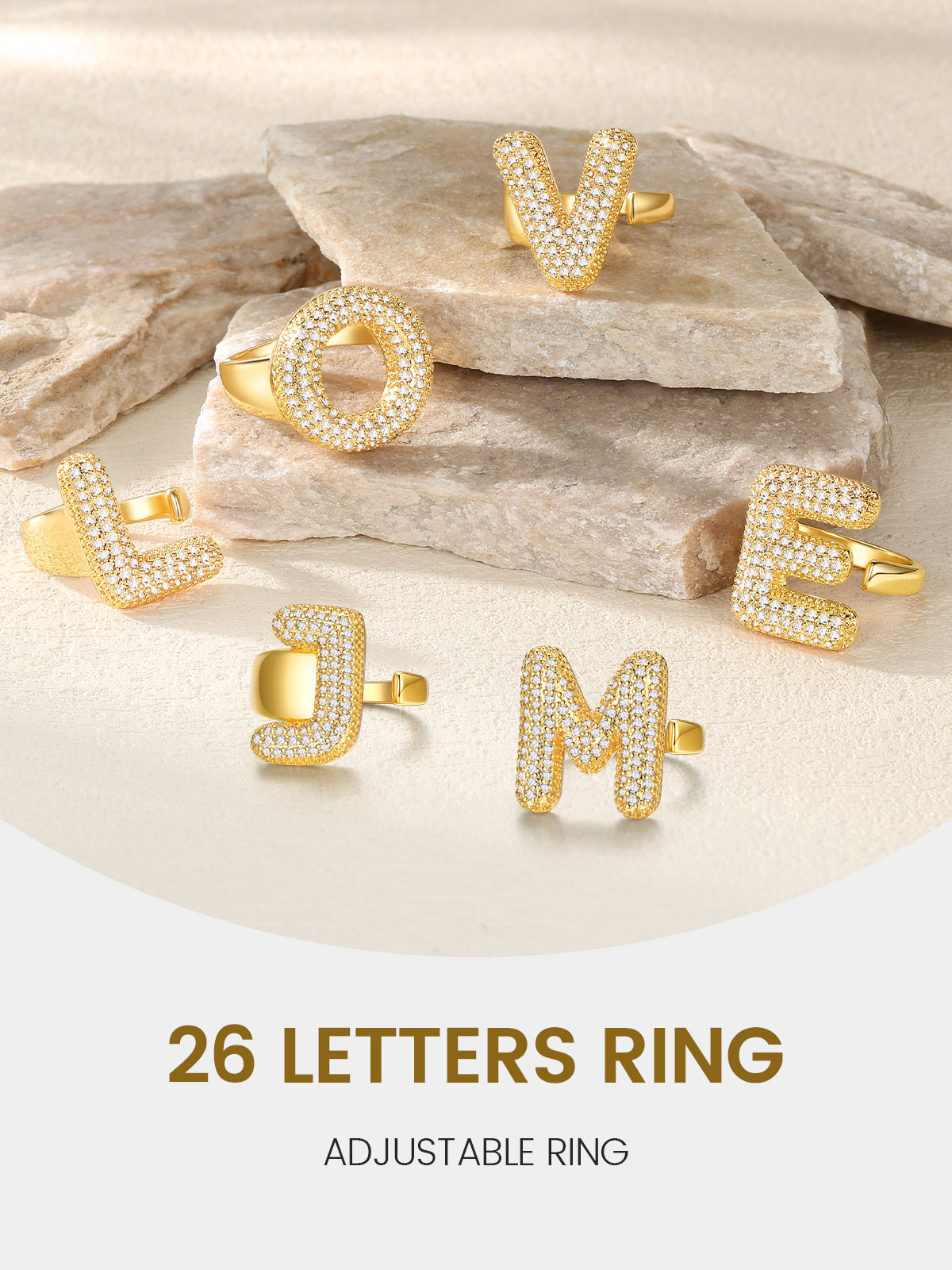 KeyStyle Initial Rings for Women, 14K Gold Plated Bubble Alphabet Letter Rings, Adjustable Statement Ring Personalized Jewelry Birthday Valentine Gift for Wife