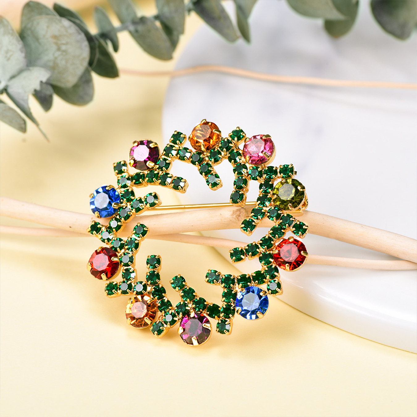 KeyStyle Jewelry Brooches Multi Color Gold Plated Crystal Brooch with Gift Box