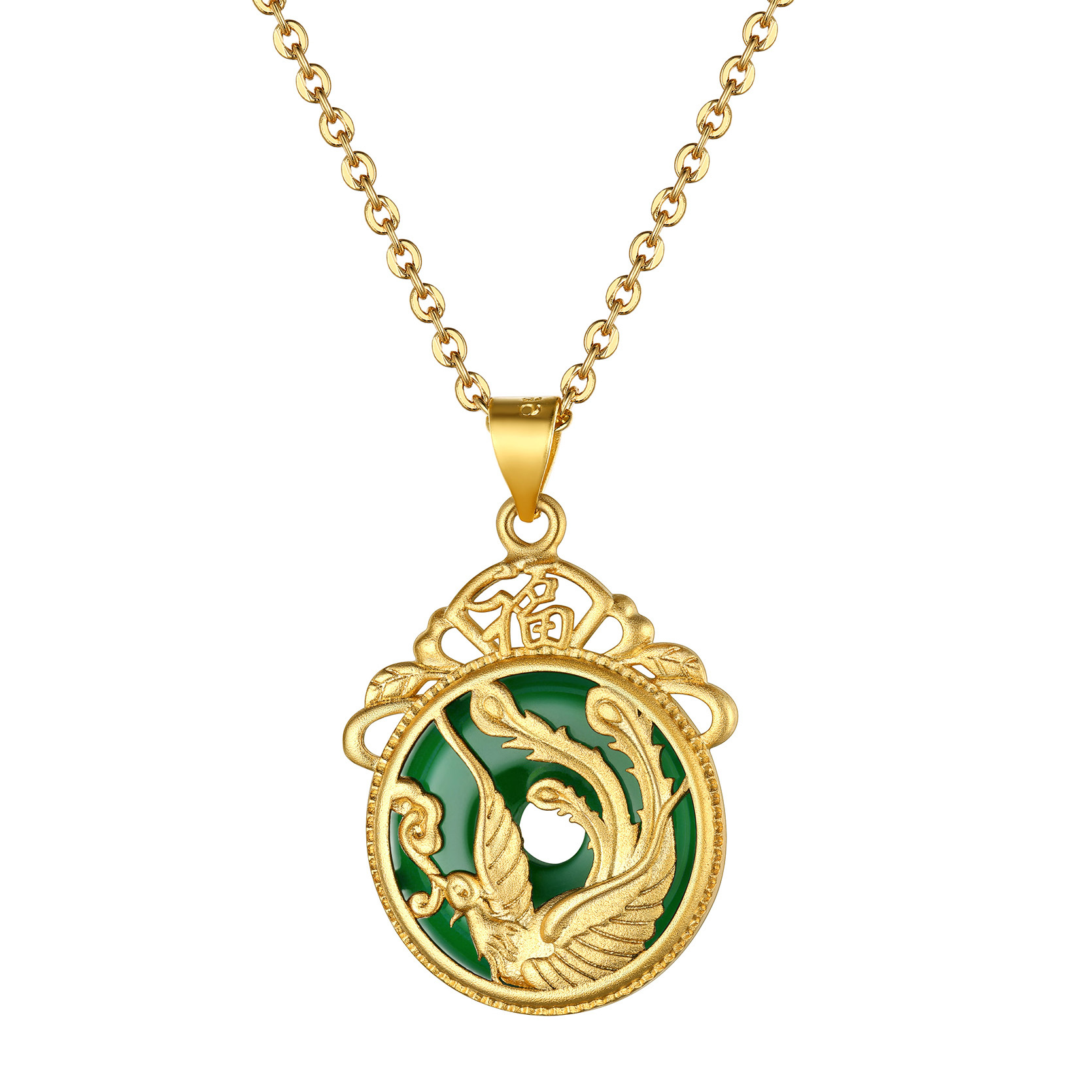 KeyStyle Gold Plated Pendant Necklace for Women Lucky Deer Necklace with Green Jade Amulet Pendant Jewelry Anniversary Gift for Wife