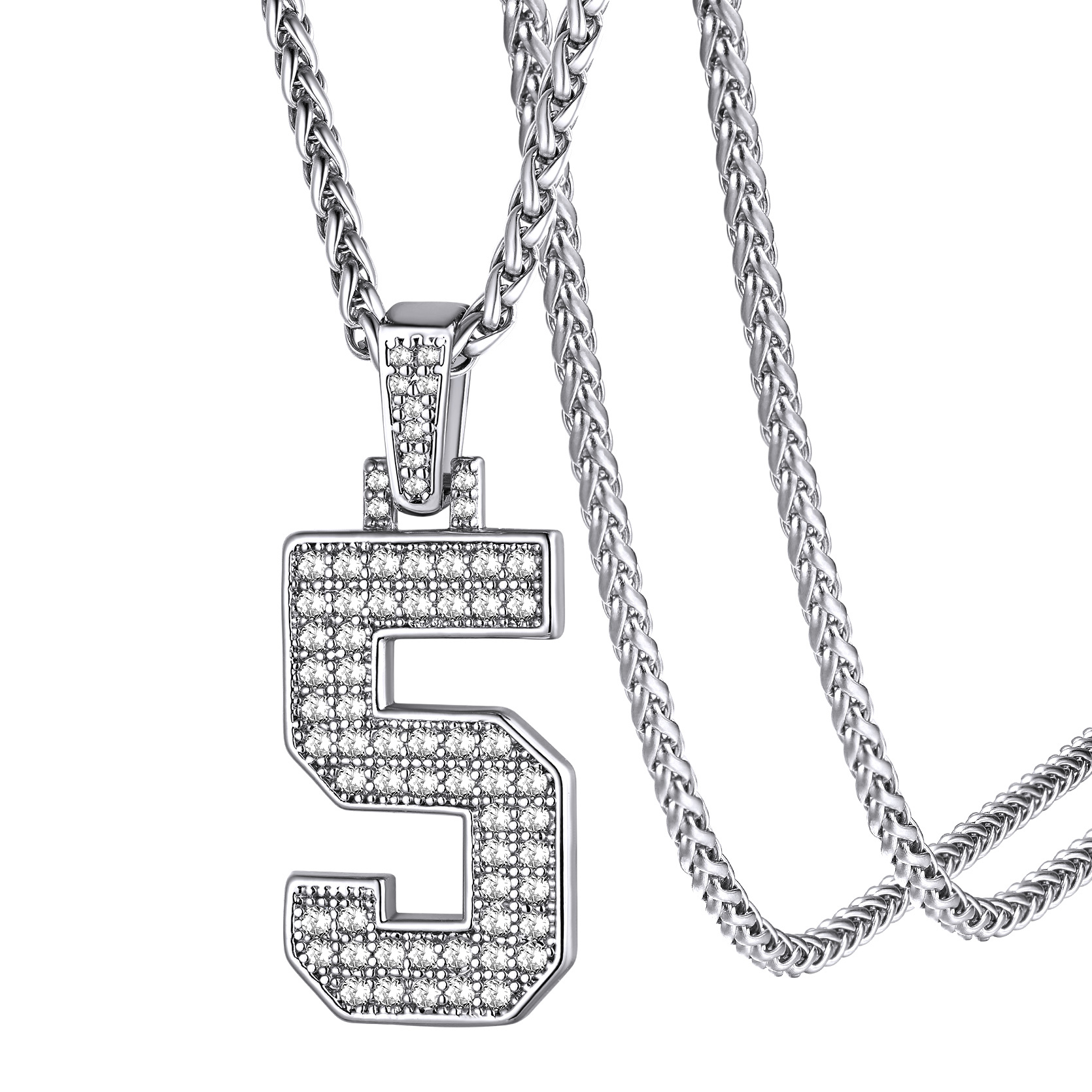 KeyStyle Number Pendant Necklace Sport Athletes Number Necklace for Men with Cubic Zirconia Hip Hop Jewelry for Women & Men, Number 0-9 Chain Necklace