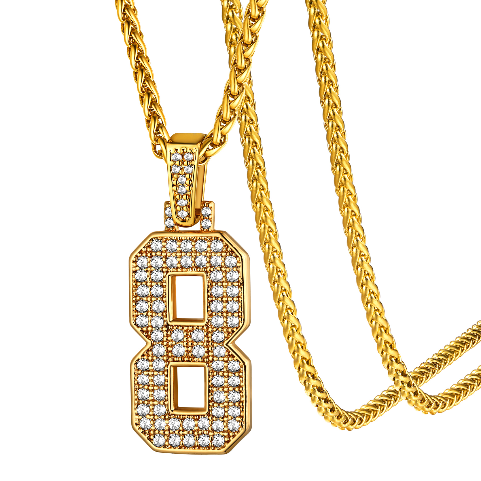 KeyStyle Number Pendant Necklace Sport Athletes Number Necklace for Men with Cubic Zirconia Hip Hop Jewelry for Women & Men, Number 0-9 Chain Necklace