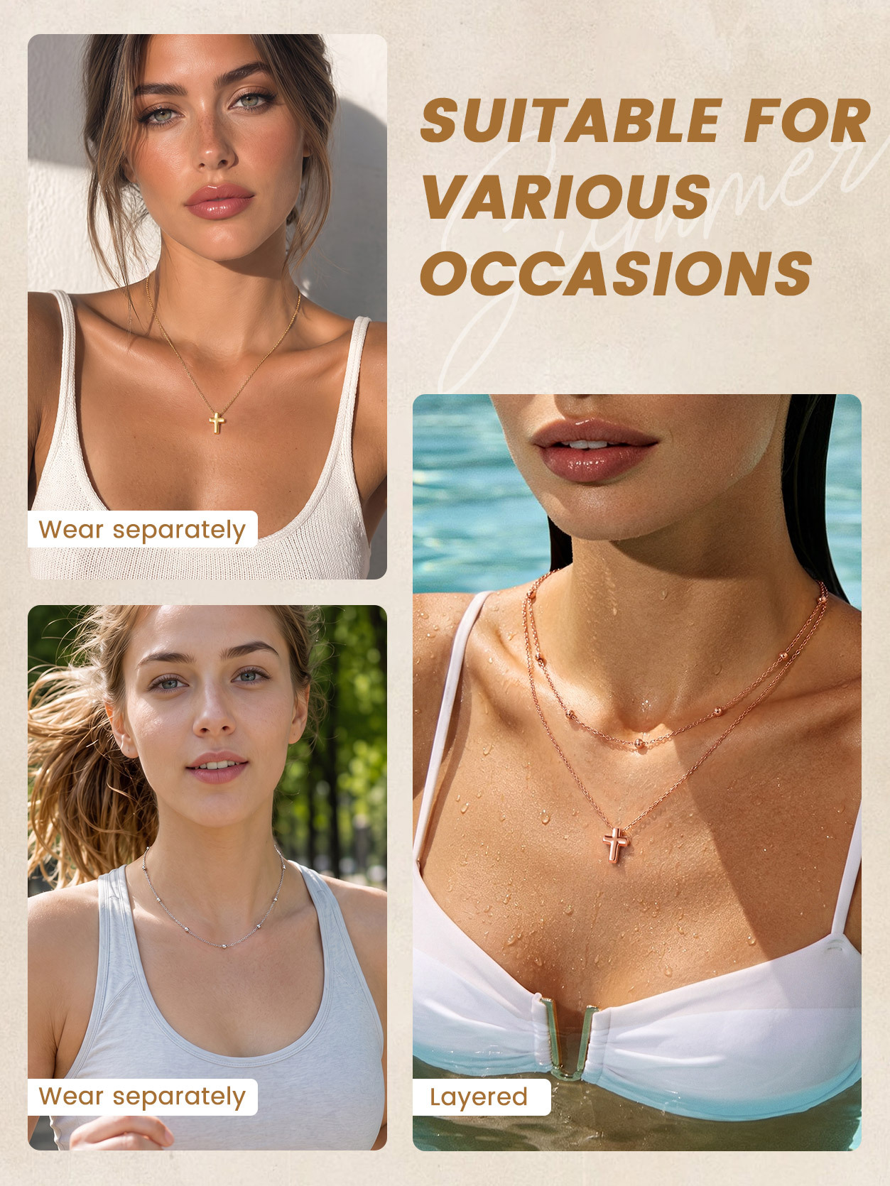 KeyStyle Cross Necklace for Women,Double Layered Cross Pendant 14K Gold Plated over Copper Christmas Easter Christian Jewelry Gifts