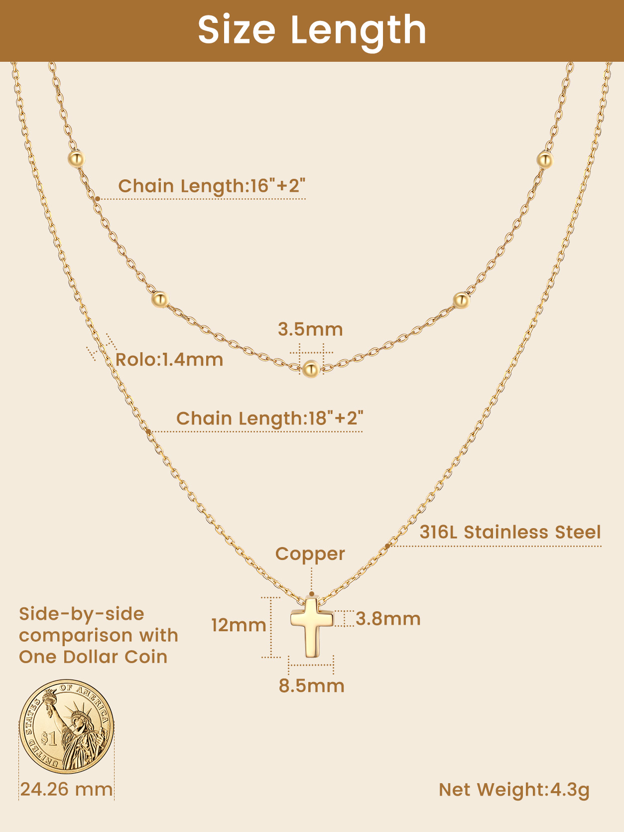KeyStyle Cross Necklace for Women,Double Layered Cross Pendant 14K Gold Plated over Copper Christmas Easter Christian Jewelry Gifts