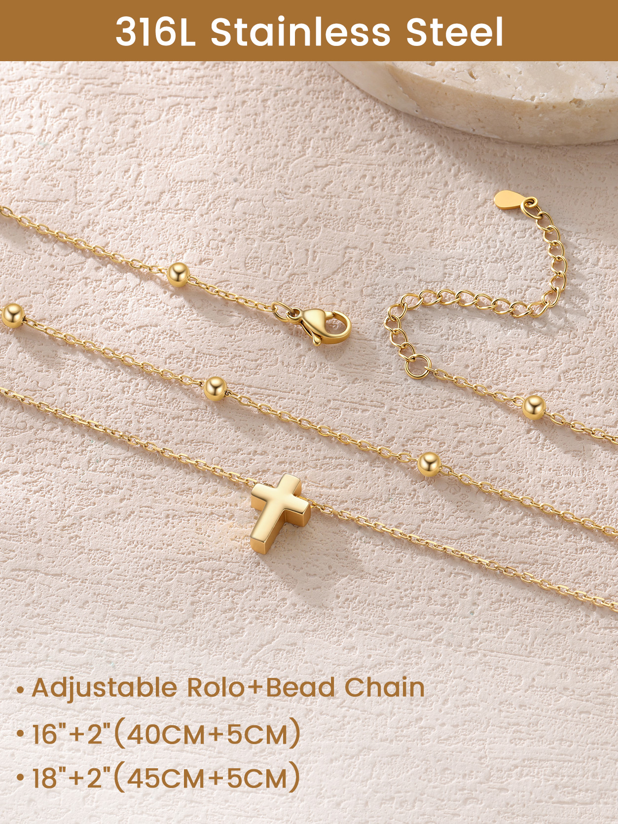 KeyStyle Cross Necklace for Women,Double Layered Cross Pendant 14K Gold Plated over Copper Christmas Easter Christian Jewelry Gifts