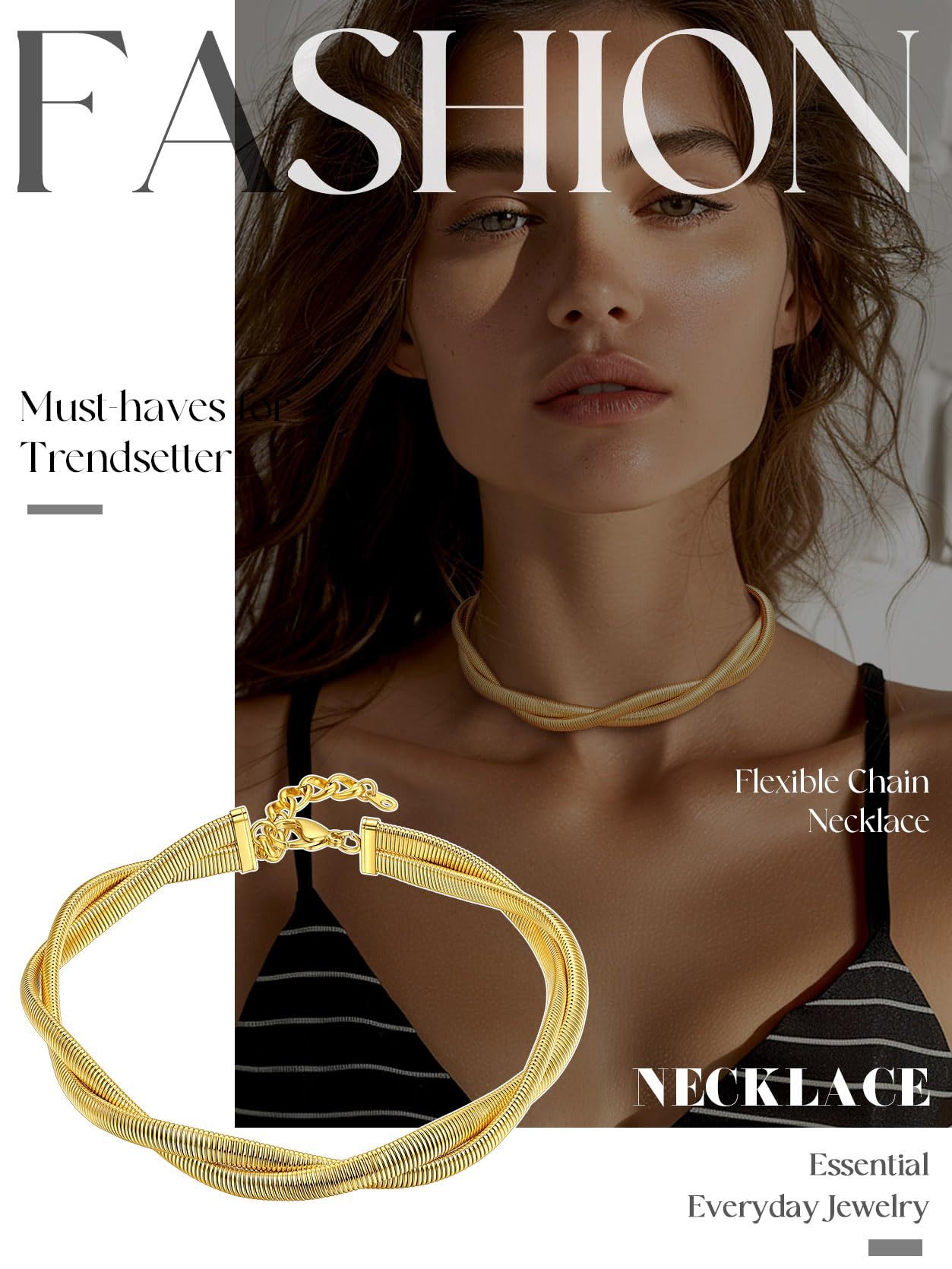 KeyStyle Choker Chain Necklace Stretch Snake Chunky Chain 14K Gold Plated Necklace for Womens Hip Pop Jewelry Anniversary Gifts for Wife