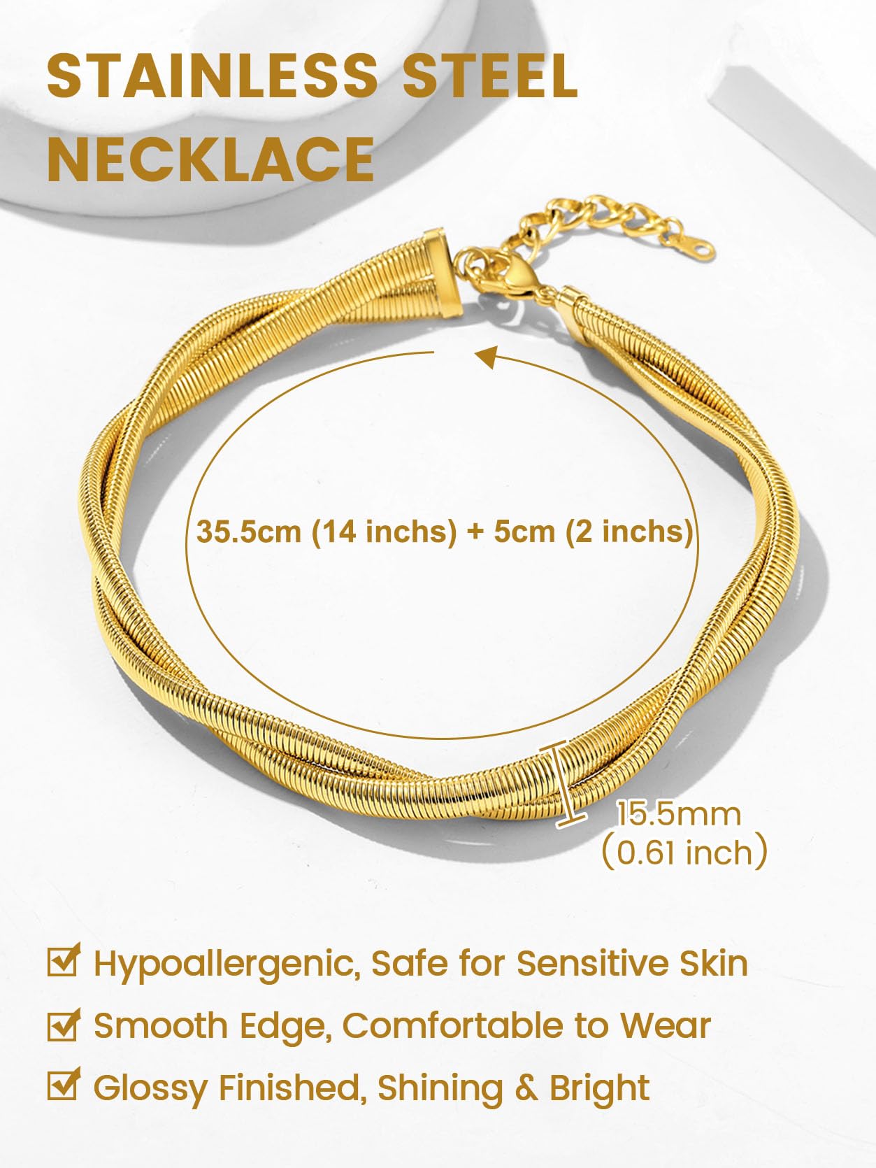 KeyStyle Choker Chain Necklace Stretch Snake Chunky Chain 14K Gold Plated Necklace for Womens Hip Pop Jewelry Anniversary Gifts for Wife