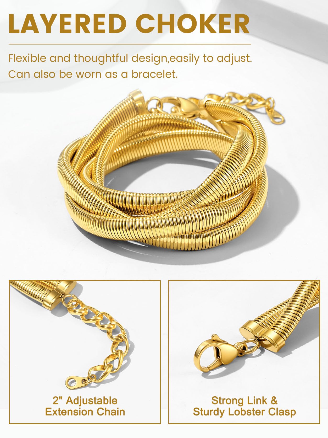 KeyStyle Choker Chain Necklace Stretch Snake Chunky Chain 14K Gold Plated Necklace for Womens Hip Pop Jewelry Anniversary Gifts for Wife