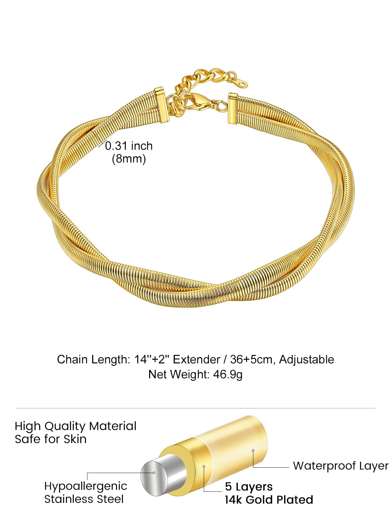 KeyStyle Choker Chain Necklace Stretch Snake Chunky Chain 14K Gold Plated Necklace for Womens Hip Pop Jewelry Anniversary Gifts for Wife