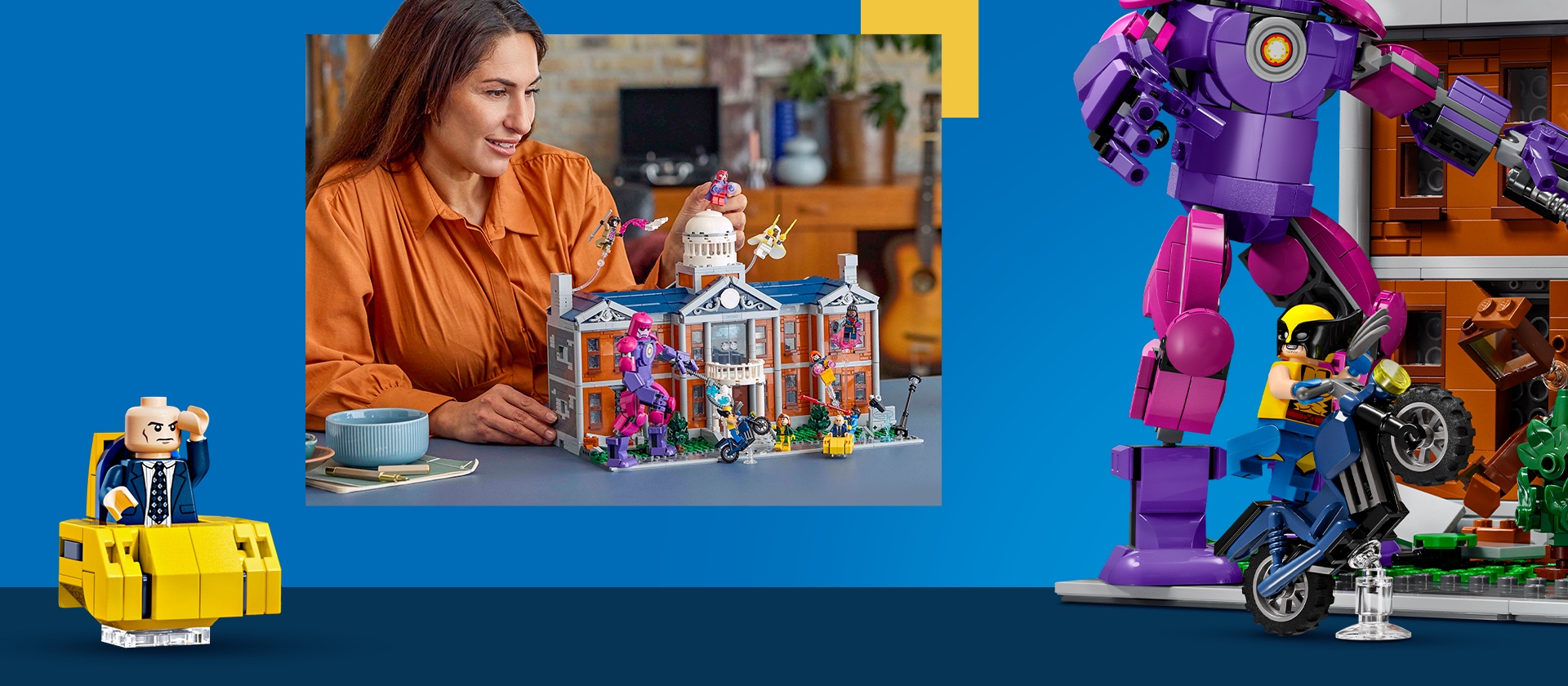 「X-マンション」セットを組み立てている女性の画像。