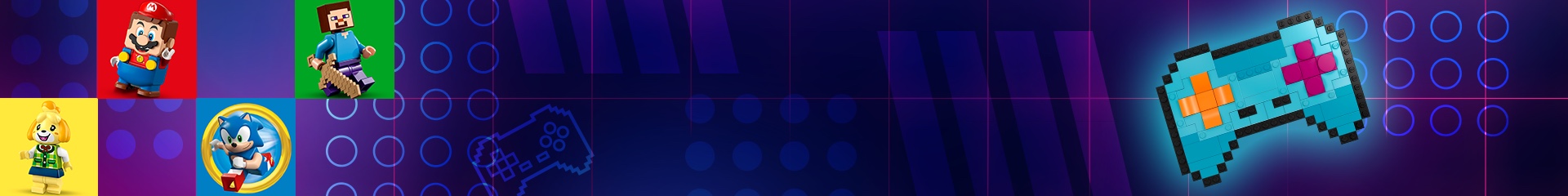 紫色の背景に、レゴブロックで作ったビデオゲームのコントローラーと、どうぶつの森、マインクラフト、スーパーマリオ、ソニックのレゴミニフィグがあります。
