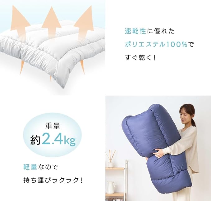 アリスプラザ 洗える掛け布団 日本製 ネイビーブルー シングルサイズ 丸洗いOK 軽量(2.4kg) 抗菌防臭 防ダニ加工 一年中使える 幅約150mm×奥行約210mm×高さ約8mm ポリエステル100％ 速乾性 あったか快適