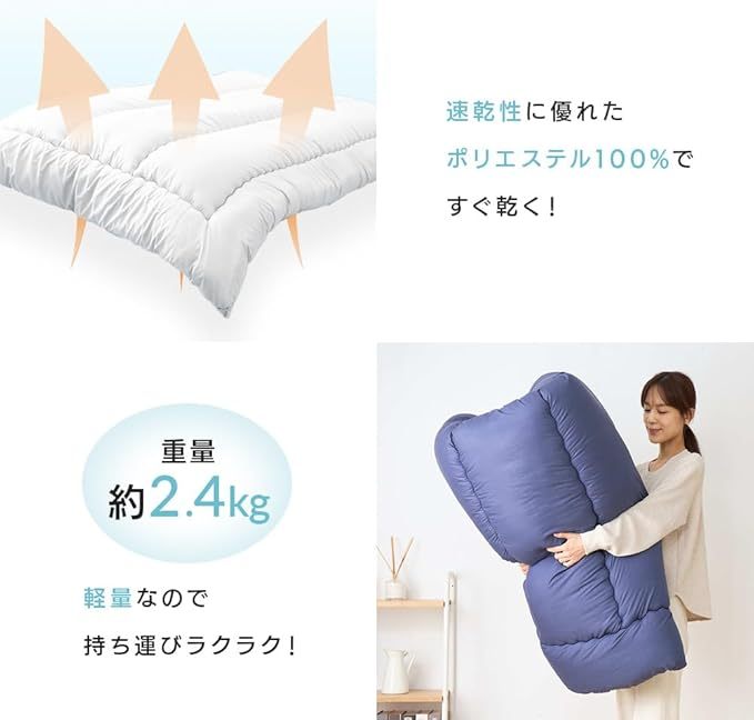 アリスプラザ 洗える掛け布団 日本製 ネイビーブルー シングルサイズ 丸洗いOK 軽量(2.4kg) 抗菌防臭 防ダニ加工 一年中使える 幅約150mm×奥行約210mm×高さ約8mm ポリエステル100％ 速乾性 あったか快適