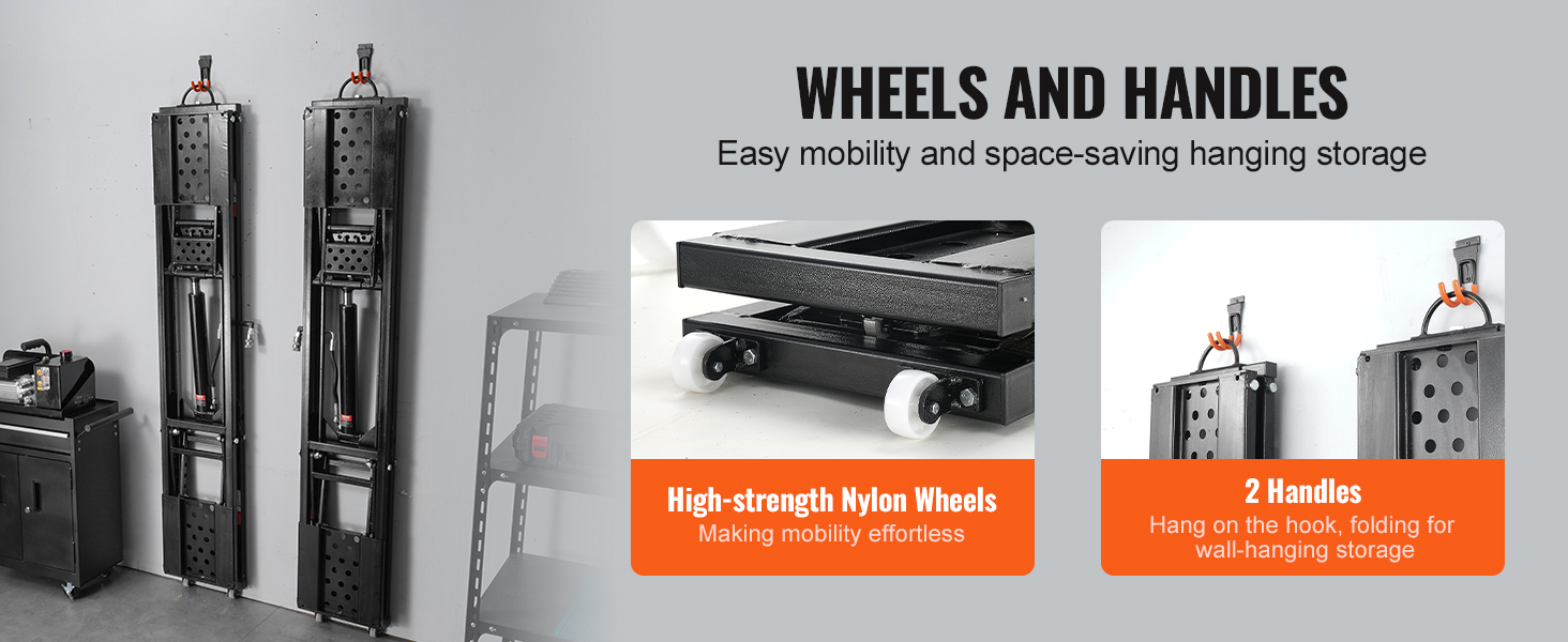 VEVOR portable car lift with high-strength nylon wheels and handles for easy mobility and compact storage.