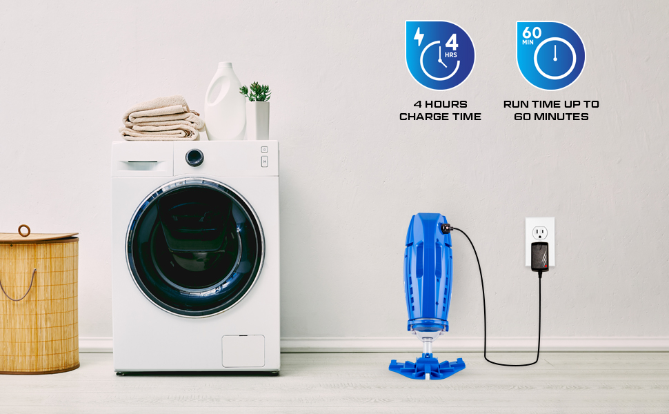 Pool Blaster Millennium rechargeable pool vacuum charging by the wall outlet