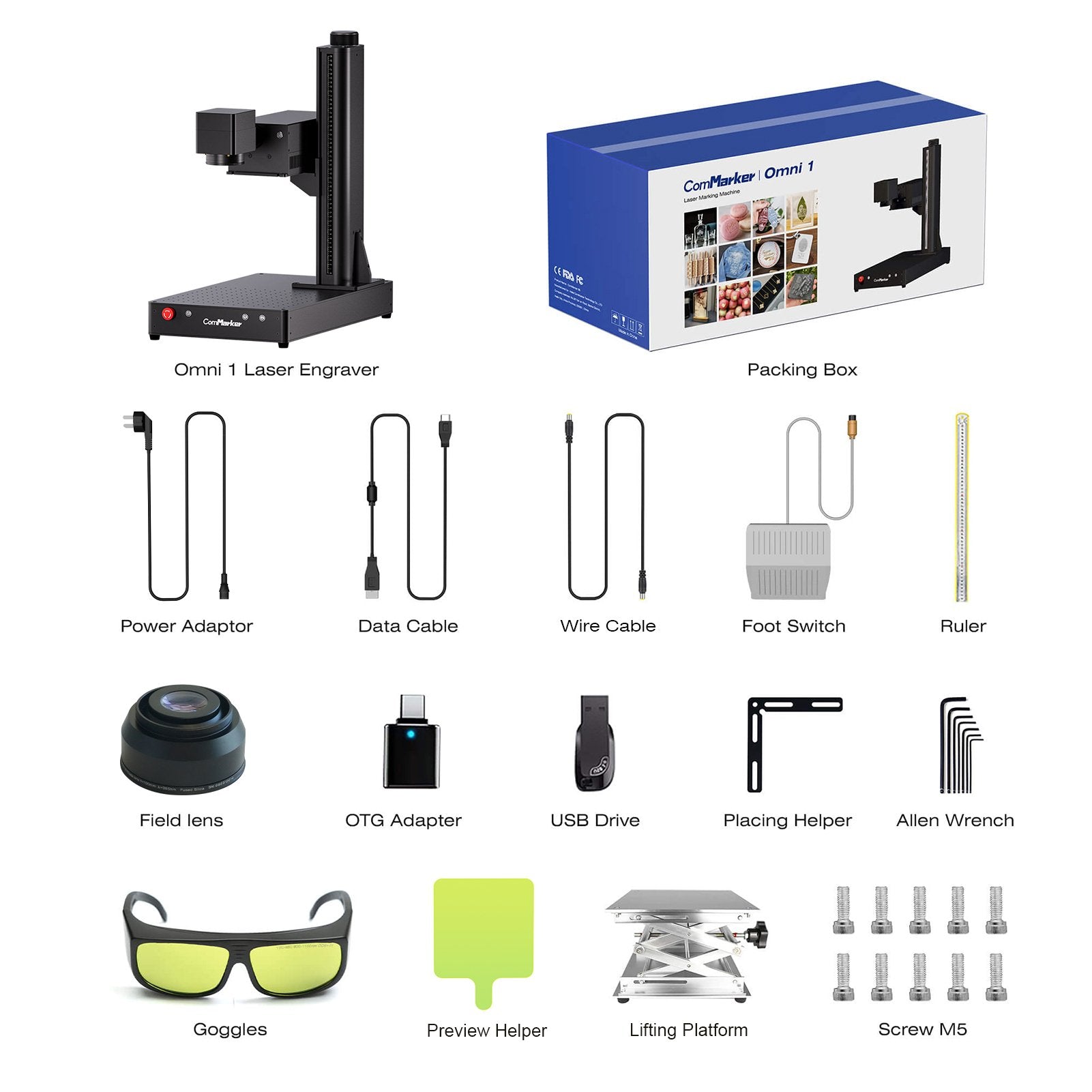 ComMarker Omni 1 UV Laser Engraver Package List