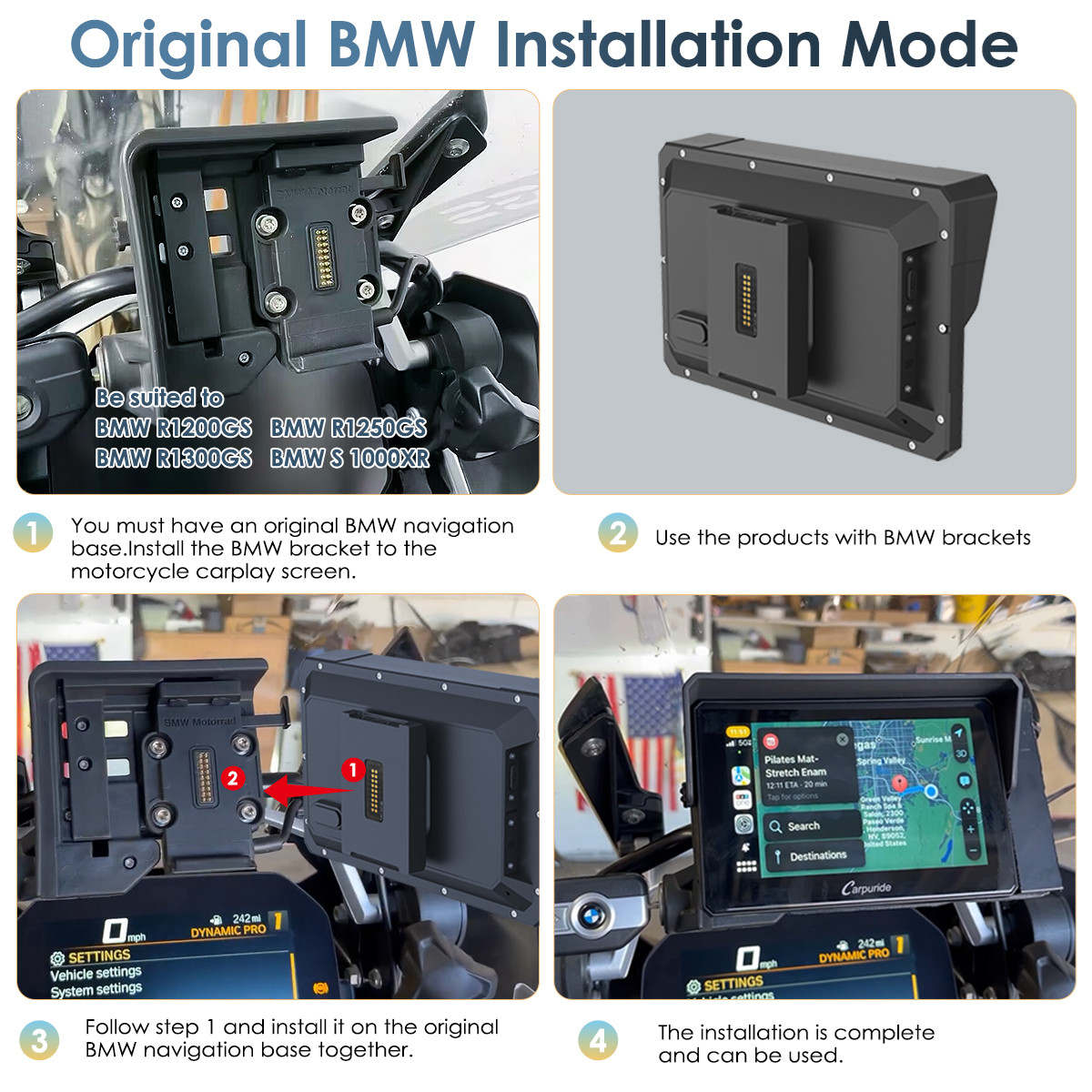 how to install apple carplay with original BMW navigation base or our BM05 bracket on BMW mottorad