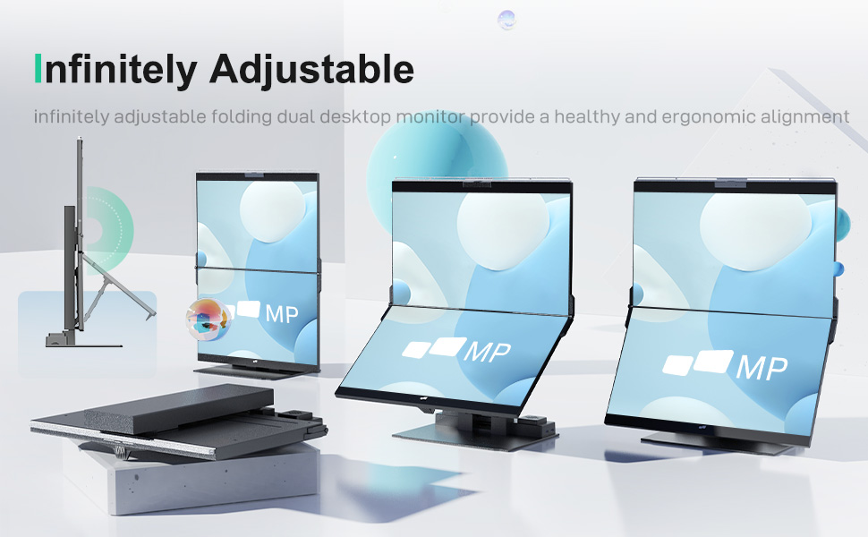 infinitely adjustable folding dual desktop monitor provide a healthy and ergonomic alignment