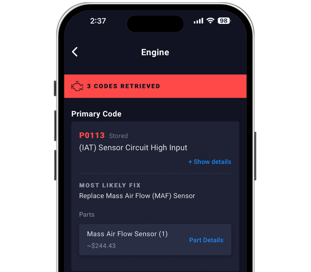Smartphone screen displaying engine diagnostic code P0113 and suggested fix for sensor issue.