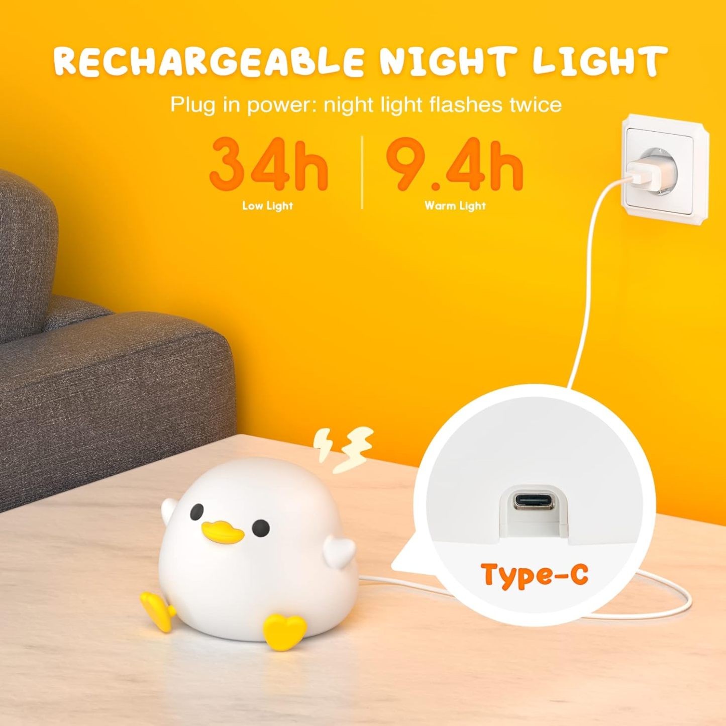 Cute Duck LED Night Light – Rechargeable & Touch-Sensitive