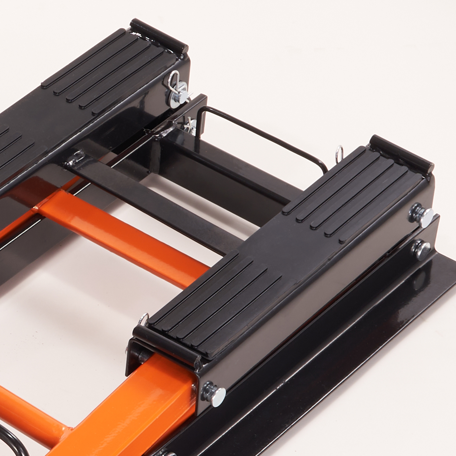 VEVOR motorcycle jack stand with orange and black components for secure bike lifting and maintenance.