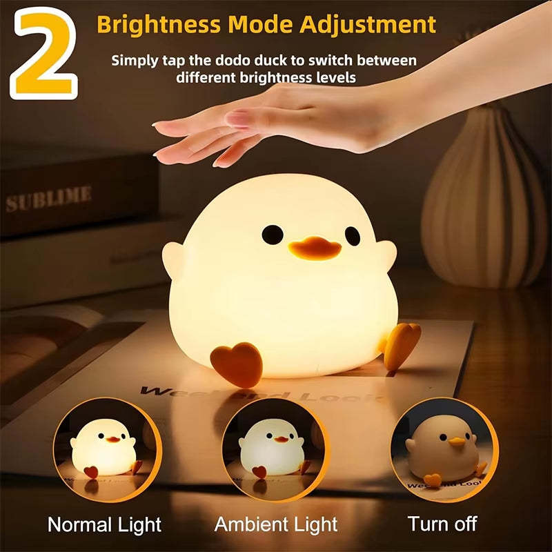 Dodo Duck Night Light, Cute Duck Lamp, Rechargeable Dimmable Nightlight, Silicone LED Bedside Lamp Nursery Touch-Sensitive