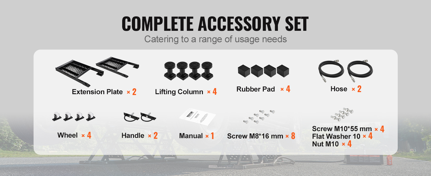 complete accessory set for VEVOR portable car lift: extension plates, lifting columns, rubber pads, hoses.