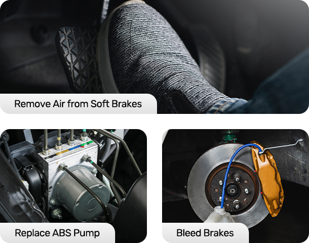 Collage of car brake maintenance steps with text labels.