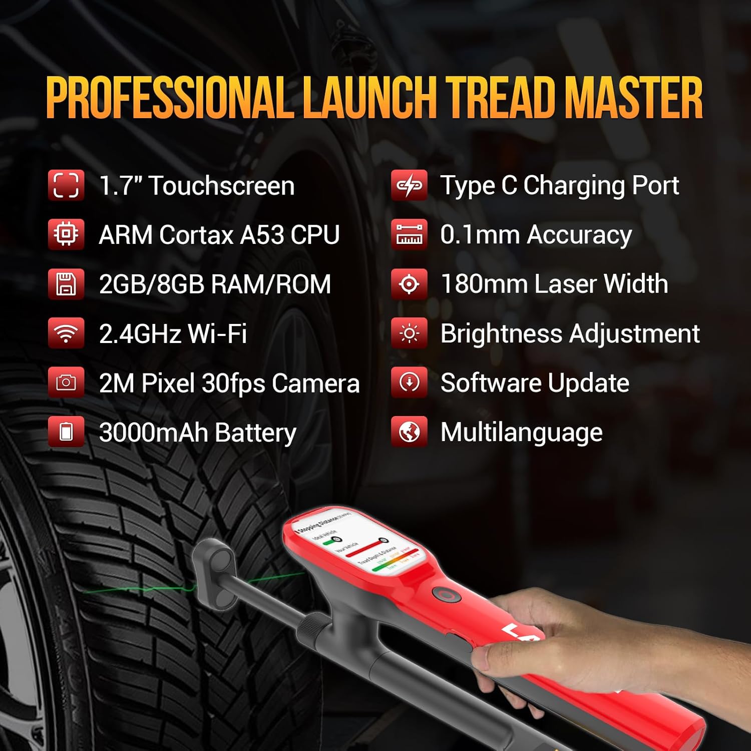 ⚡Handheld Laser Tire Tread Depth Examiner, 0.1mm High Accuracy, Real-time Data, Supports Wi-Fi Connection
